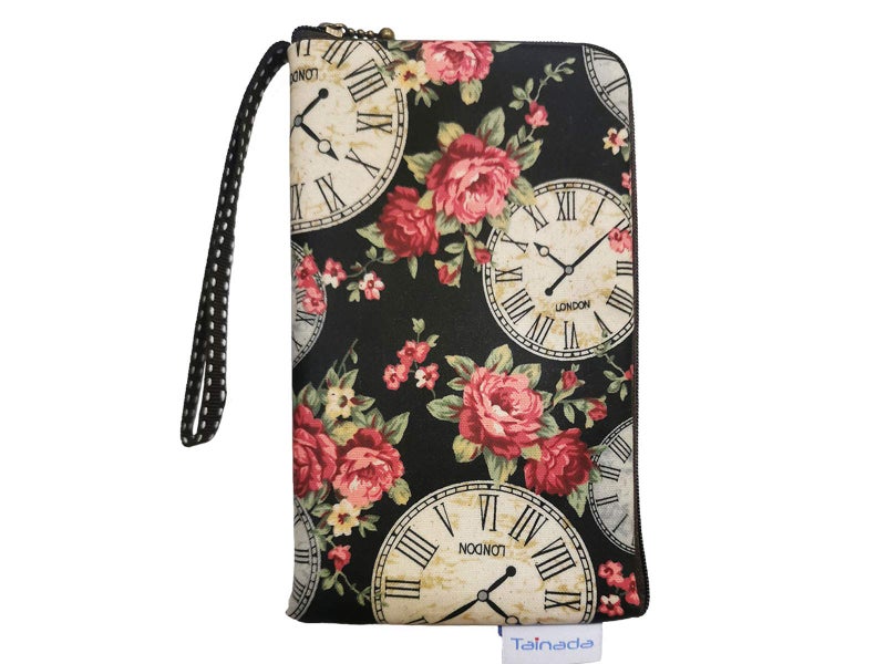 Tainada Women Universal Phone Wristlet Wallet Pouch, Dual Slots Zipper Purse Carry Case Bag for iPhone 16/15/14, 16/15/14 Pro Max, 16/15/14 Plus; Samsung S24+, S23 FE, A25, A54, Z Fold5 (Clock) - Image 1